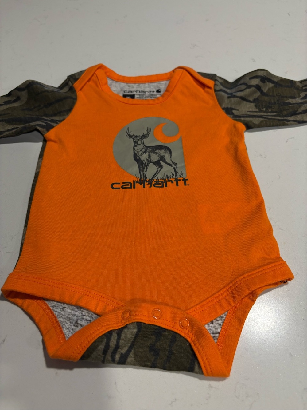 Carhartt Bright Orange Baby One-Piece with Camo Sleeves